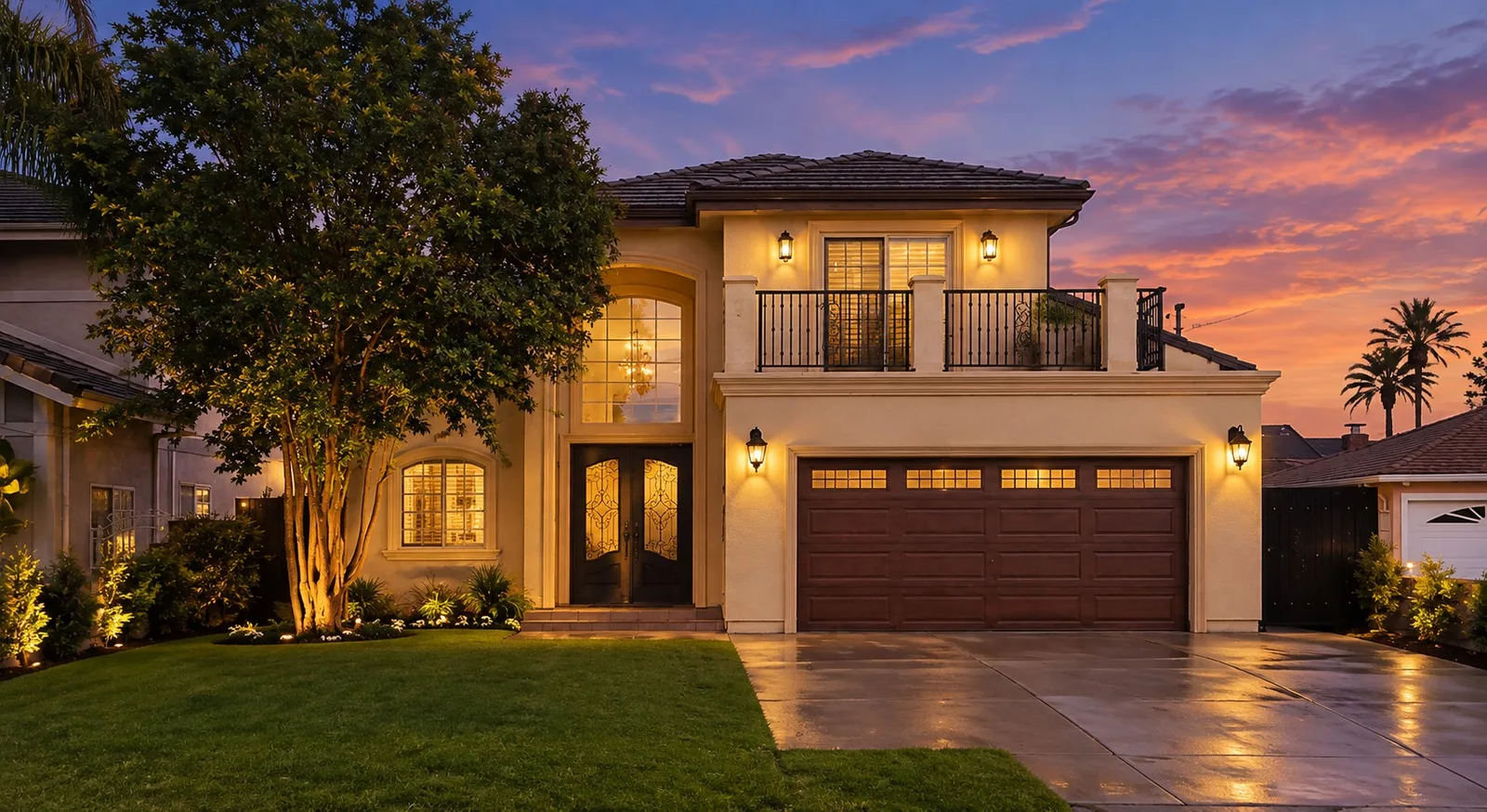 6522 N Golden West Ave at twilight, front balcony and garage